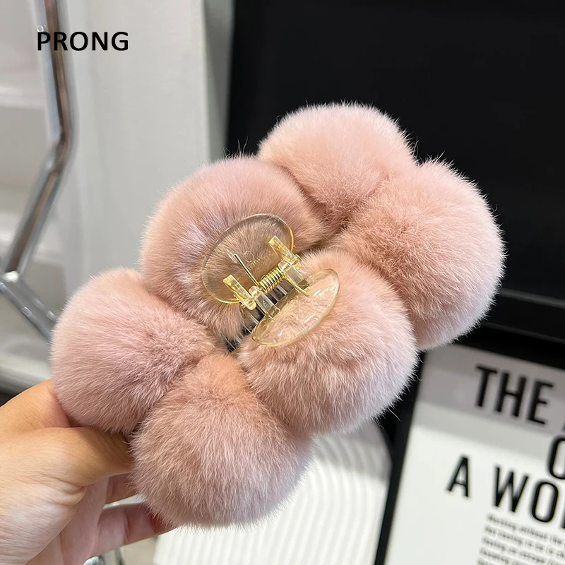 Real Rabbit Fur Hair Claw Women Elegant Plush Crab Hair Clip Large Shark Clip Hairpin Headwear Girls Cute Hair Accessories 250103