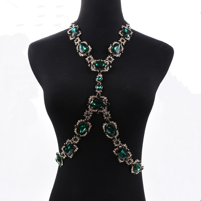 Fashion Green Red Clear Big Glass Waist Chains Body Chains Necklace Women Indian Statement Crystal Rhinestone Necklace Jewelry 250107