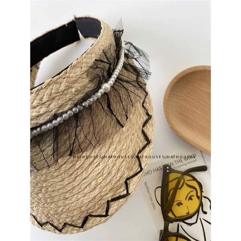 Hot Girl Black Lace Pearl Rafia Headless Hat Fem Summer Outdoor Shopping Camping Hat X250109