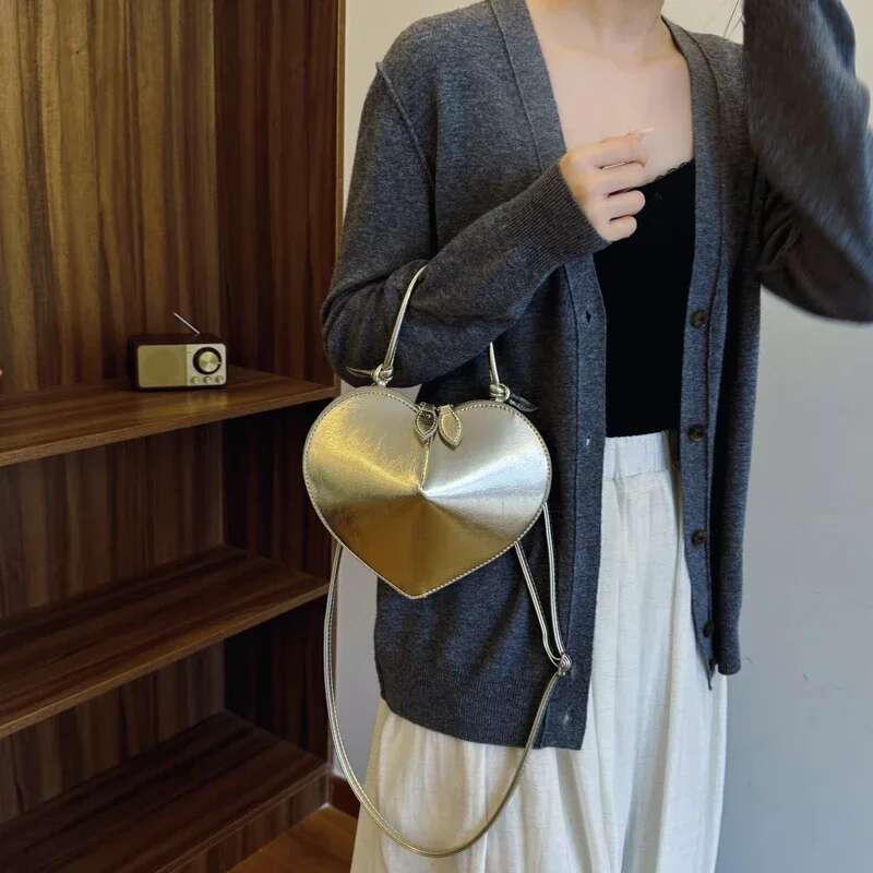 Heart-Shaped Solid Color PU Handbag Sewing Thread Double Zipper All-Match Shoulder Bag 2024 Hot Sale Bags For Women Bolsa Mujer