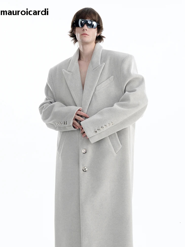 Mauroicardi Autumn Winter Oversized Long Warm Black Wool Blends Coat Men Floor Length Woolen Overcoat 2024 250106