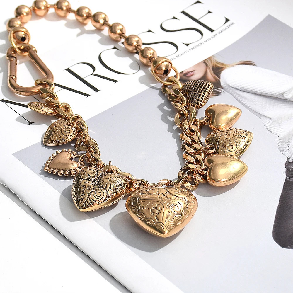 Exaggerate Metal Heart Bead Link Necklace for Women Vintage Elegant Gold Color Geometric Love Necklaces Jewelry Accessories 250109