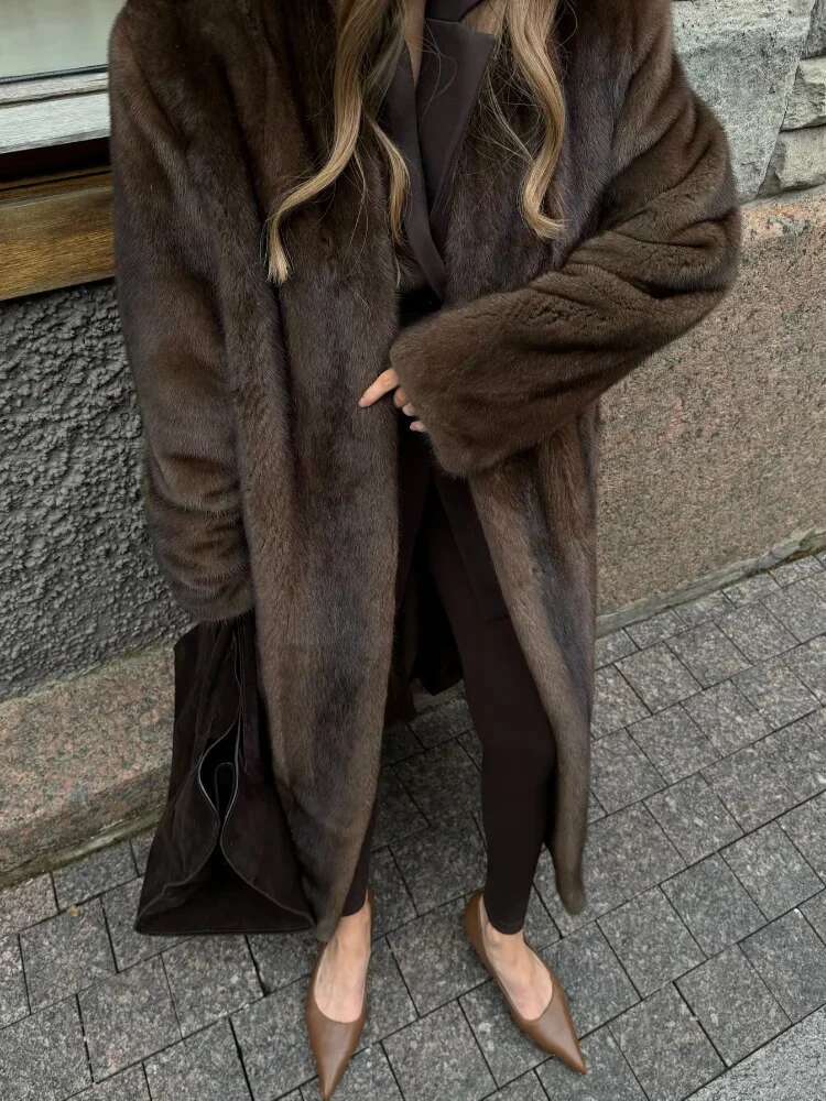 Women Fashion Dark Brown Thicken Warm Faux Fur Long Overcoat Retro Full Sleeve Oversize Stand Collar Jacket New Lady Streetwear