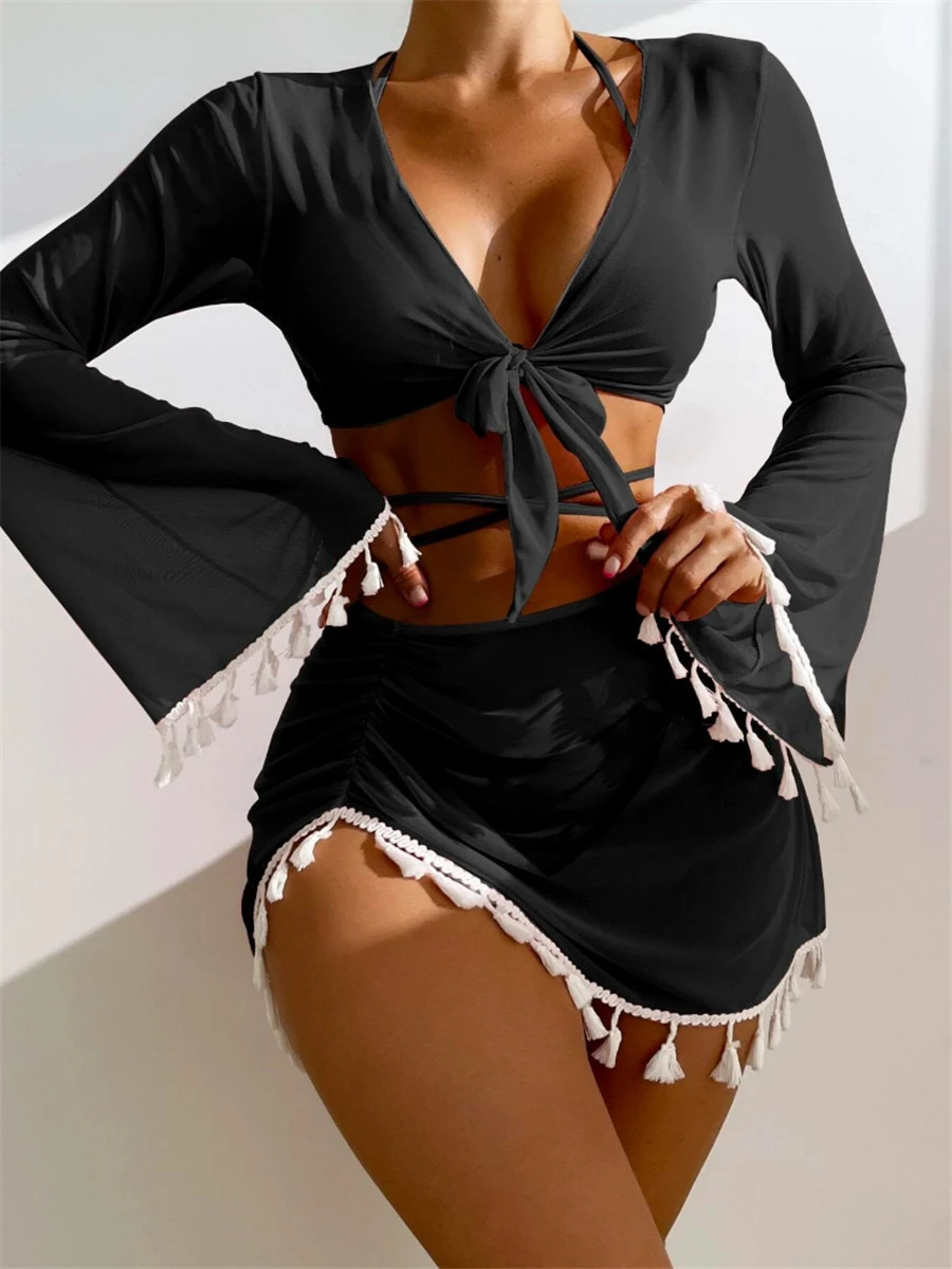 Sexy 4 Pieces Halter Bikinis Women Solid Swimwear Female Cover Up Swimsuit Long Sleeve And Skirt Bathing Suit Beachwear Summer250107