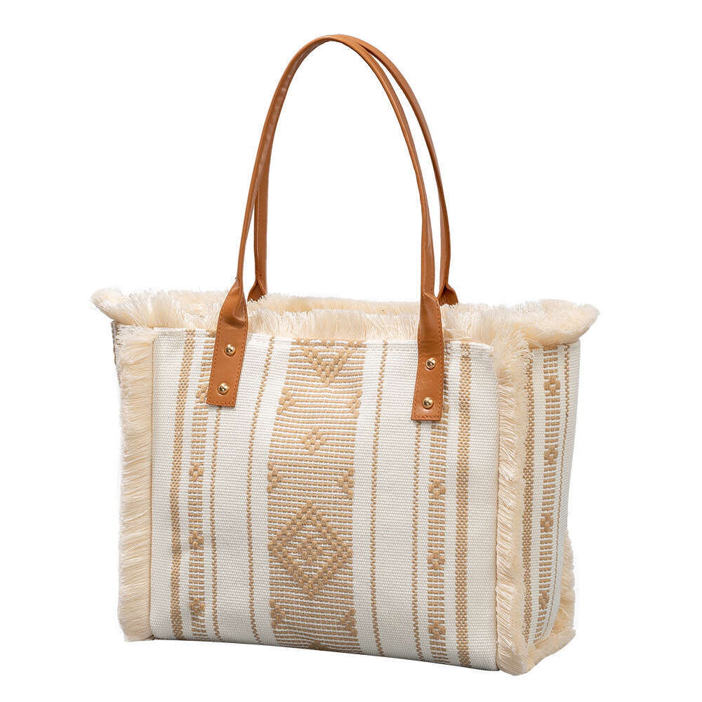 Canvas Large Capacity Women's Tote Bag, Four Sided Tassel Handbag, Niche Design, Ethnic Style Shoulder Bag
