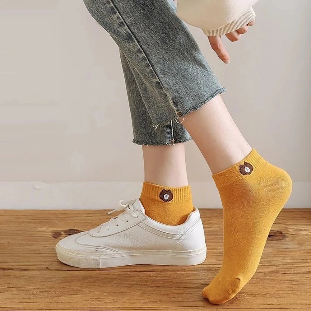 10 Pairs Women Low Tube Socks Set Cute Bear Pattern Fashion Breathable For Female Casual Style Comfortable Socks