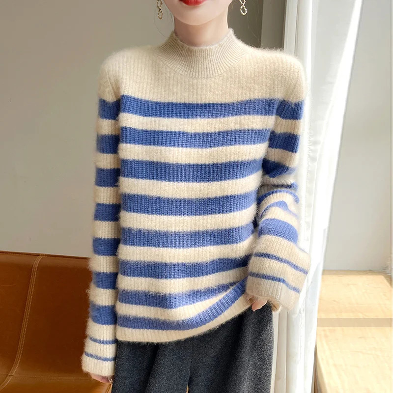 Autumn and Winter 7Pin Thickened Womens Sweater 100% Pure Wool MockNeck Stripes Knitwear Comfortable Warm Pullover 250108