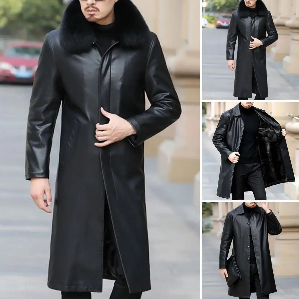 Men Autumn Winter Faux Leather Windbreaker Lapel Long Sleeve Pockets Single Breasted Fleece Lining Jacket Coat Loose 250107