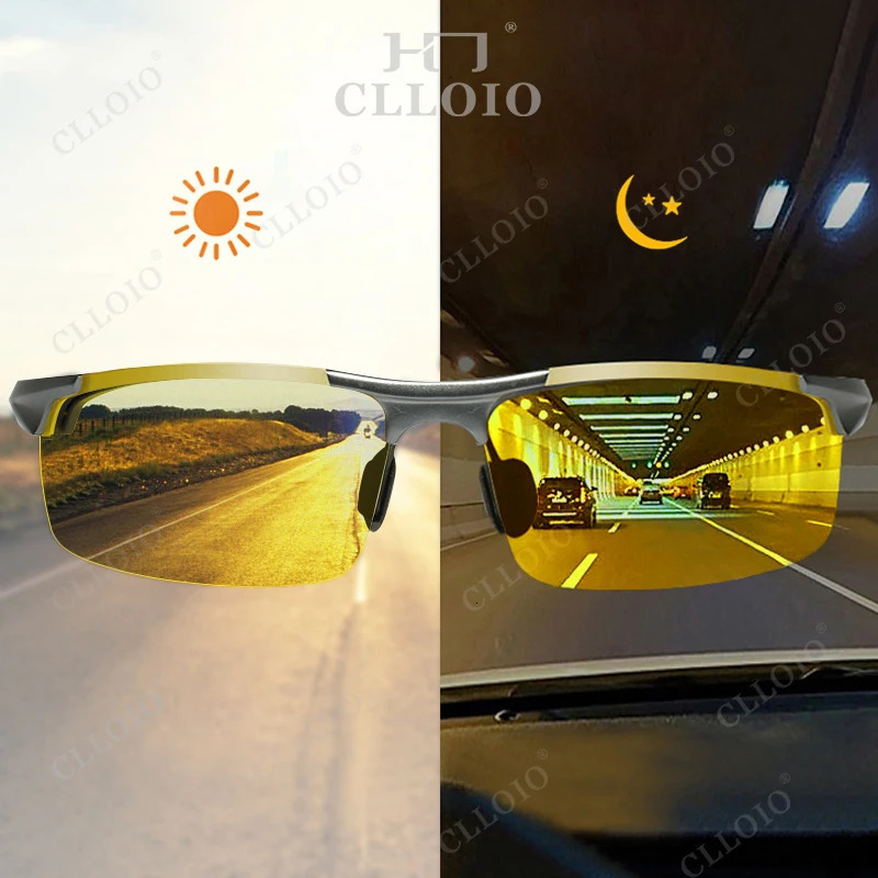 CLLOIO Rimless Aluminium Pochromic Day Night Vision Anti Glasses Men Polarized Sunglasses Driving Travel Fishing Goggle 241228
