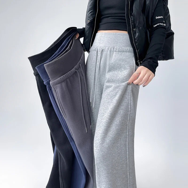 American gray doublewaisted Winter Fleece wideleg pants womens autumn loose casual highwaisted straight Sport Pants 250108