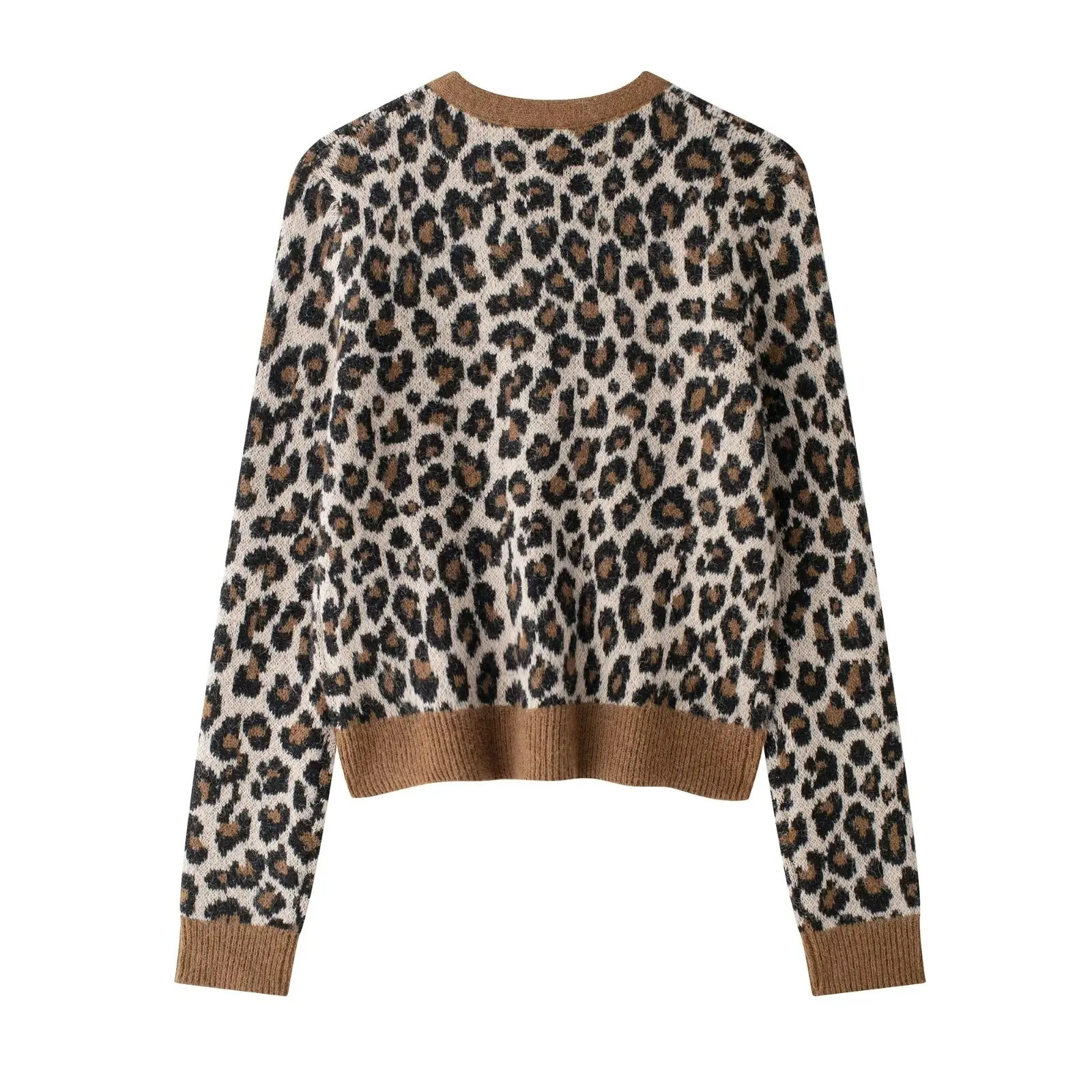 European and American style fashion simple singlebreasted round neck leopard jacquard knitted cardigan womens sweater jack 250108