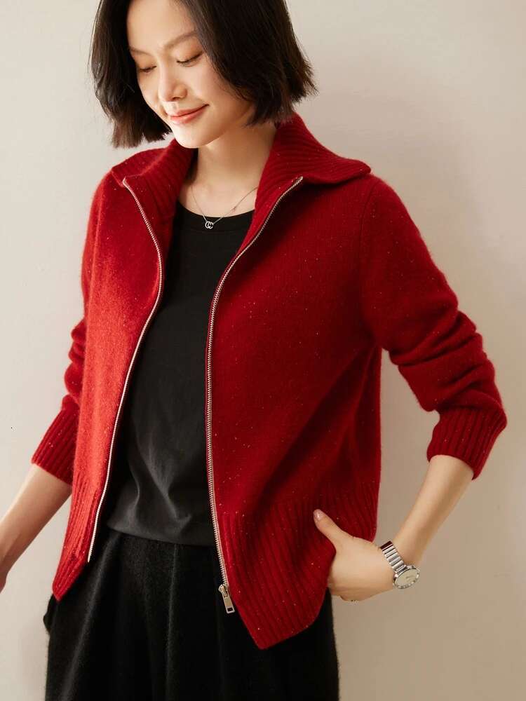 Autumn Winter Women Zipper Sweater Turn Down Collar Cardigan100% Cashmere Knit COS Style Colorful Dot Yarn Popular Top
