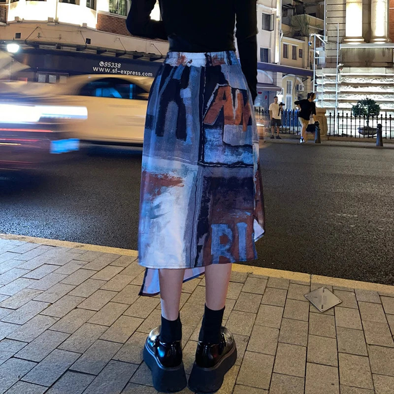 MEXZT Punk Midi Skirt Women Streetwear Graffiti Print Irregular Skirts Harajuku Gothic Korean Fashion High Waist A Line 250106