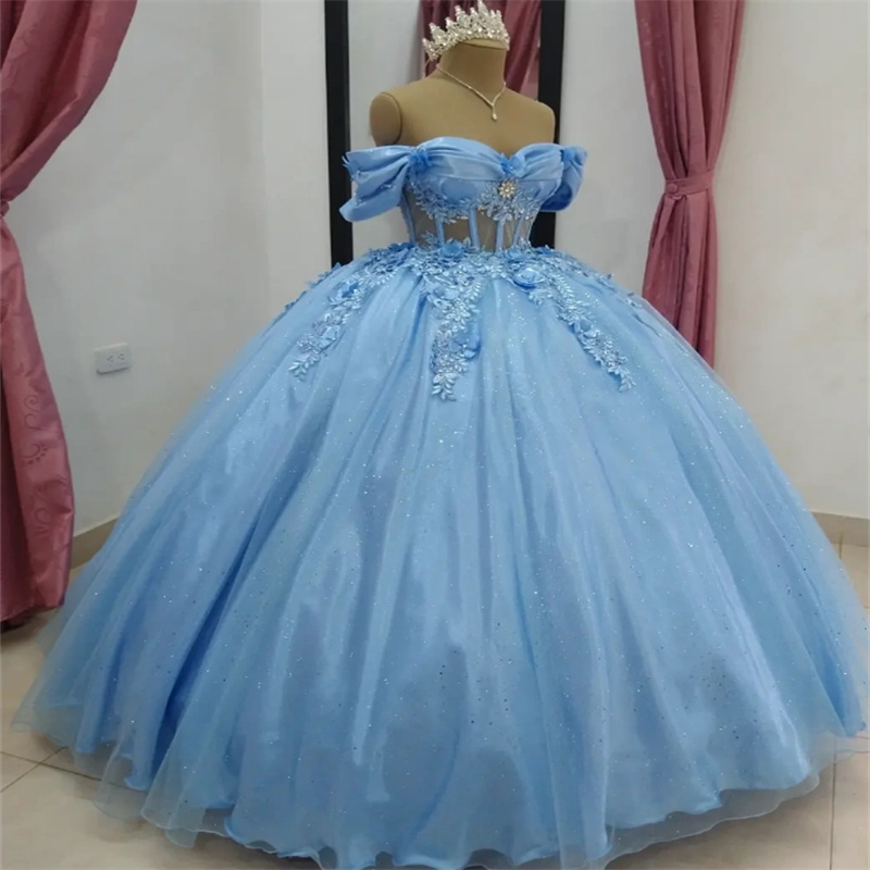 Baby Blue Vestidos De 15 Quinceanera Princess Appliques Lace Beaded Ball Gown Prom Dress Elegant Cinderalle Sweet 16 Dress Birthday Occasion Vestio De