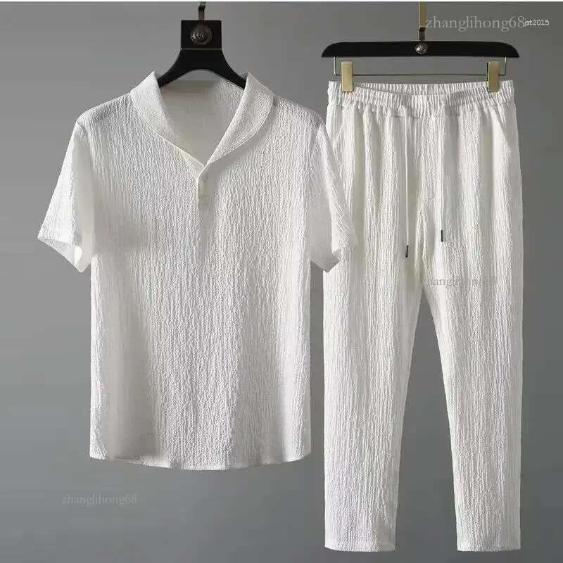 Men's Tracksuits Summer Ultra-thin Sleeveless Ice Silk Linen Suit Cotton Set Oversized Loose-fit Mid-sleeve T-shirt Sports Wear