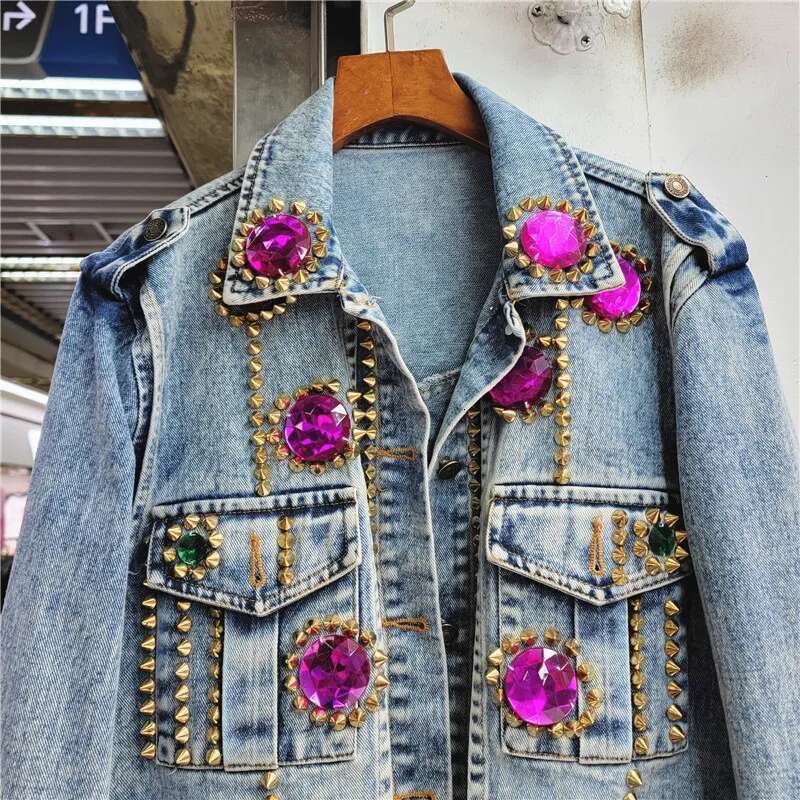 Women Dias Short Denim Bomber Coat Rivet Beaded Jeans Jacket Rhies Cardigan Lapel Long Sleeve Streetwear Tops