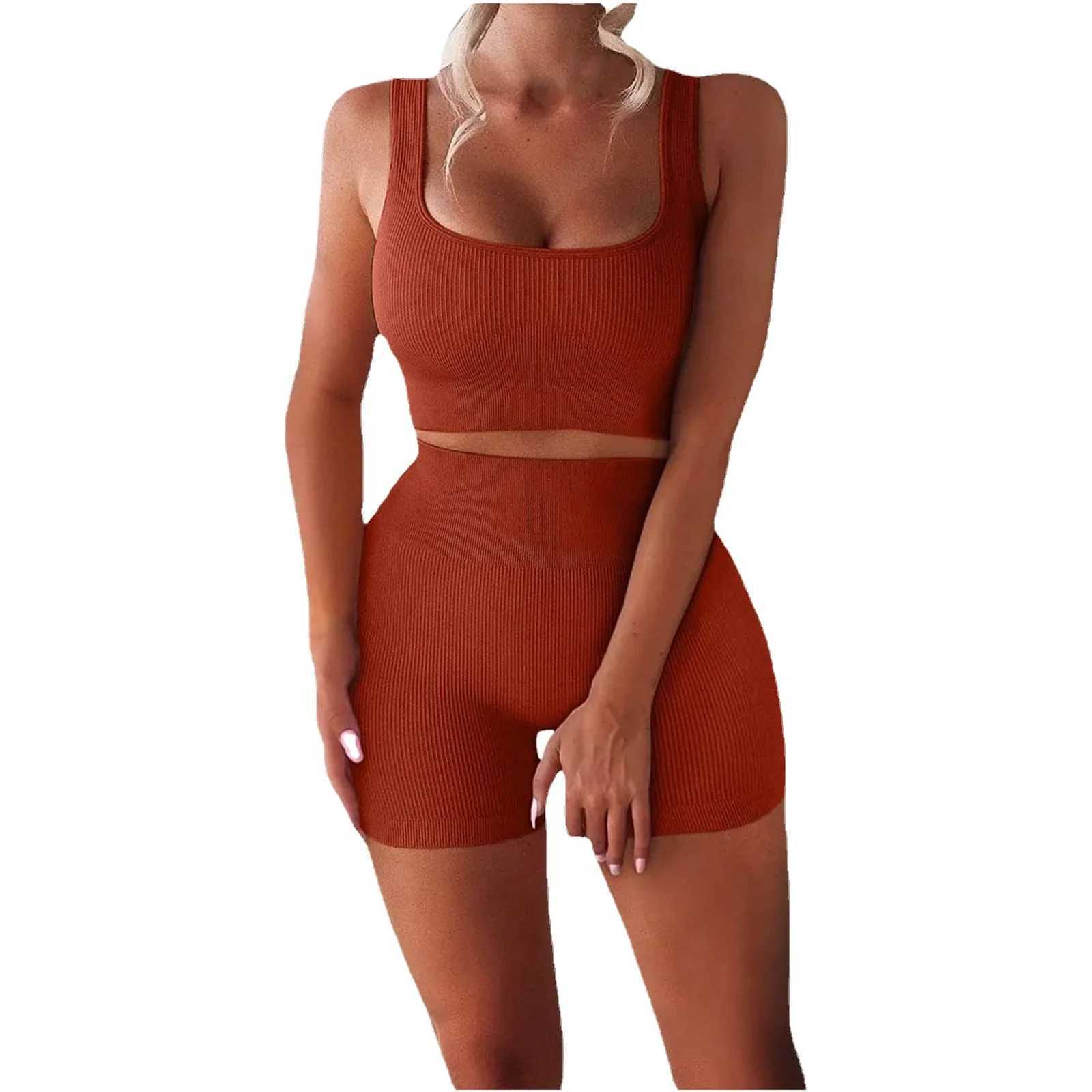 Womens Sexy Fitness U-Neck Vest Two-piece Set Ribbed Vest High Waist Shorts Yoga SuitXJ250109
