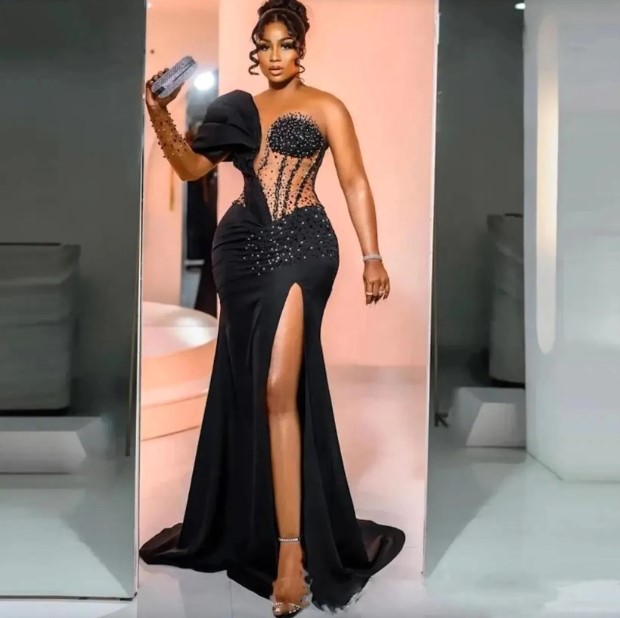 Arabic Aso Ebi Black Mermaid Prom Dresses Overskirts Satin Sheer Neck Lace Beaded Formal Ocn Evening Gowns Sexy Side Slit Ruched Second Reception Dres