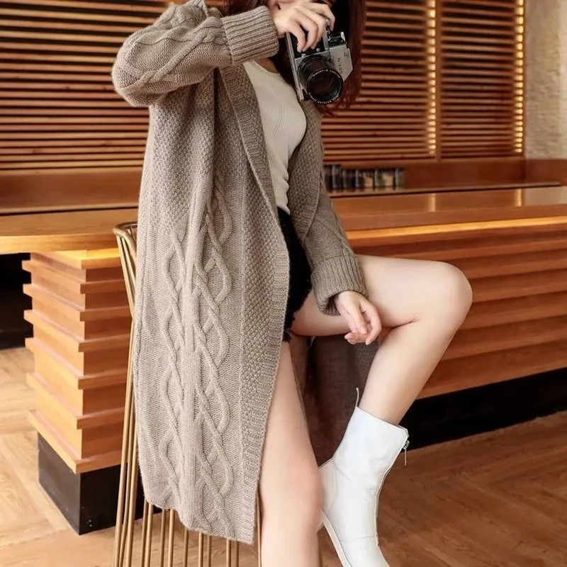 Women Sweater Midi Cardigans Autumn Winter Knitted Jackets Long Sleeve Korean Loose Hooded Coats Oversized Casual Basic 250106