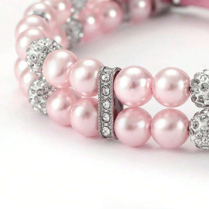 Pet Pearls Collar Leash Set 2 Rows Pearls Pet Necklace and PU Leather Pearl Leash Wire with Crystal Rhinestone Pet Collar