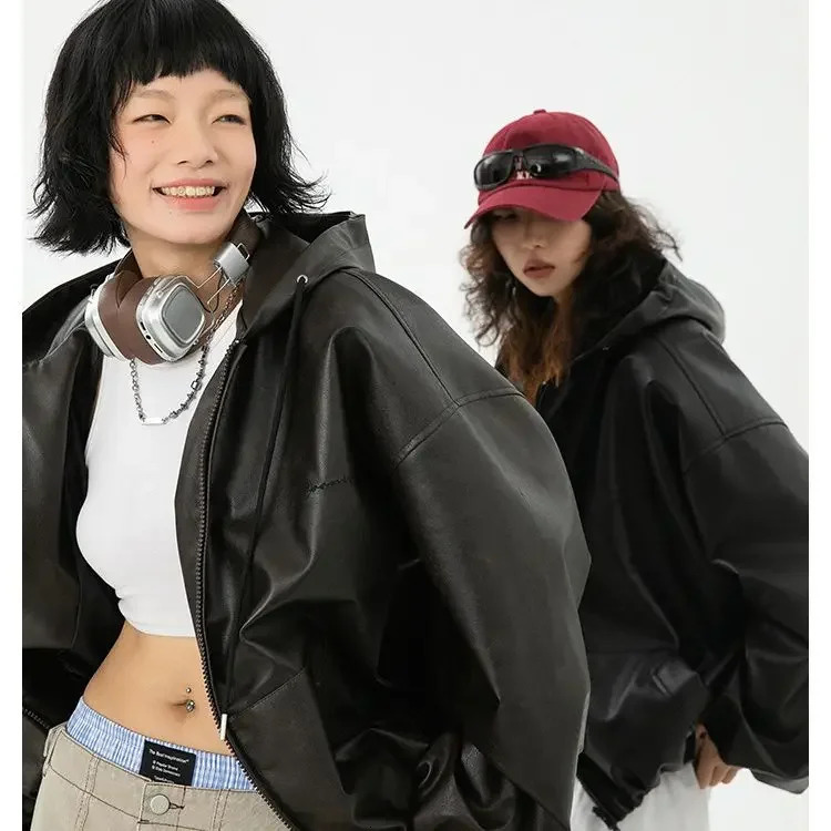 Winter PU leather coat women cold resistant cotton jacket hooded soft shell harajuku waterproof windproof loose 250103