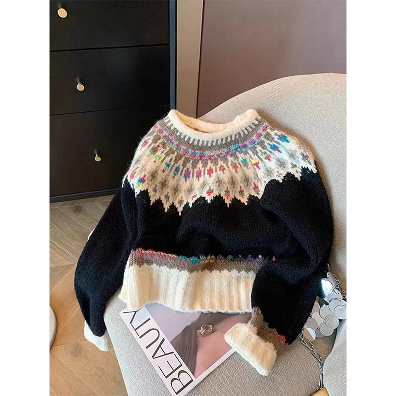 MEXZT Vintage Print Sweater Women Harajuku Long Sleeve Knitted Pullovers Korean Aesthetic Knitwear Winter Chic Casual Jumpers 250108