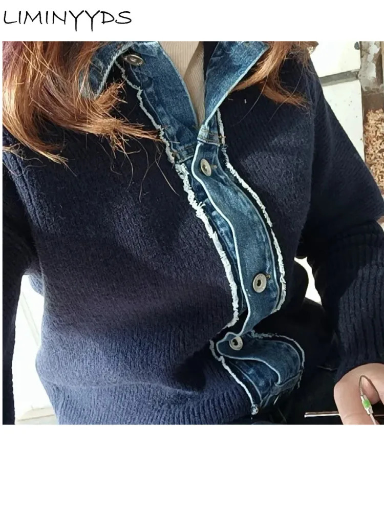 Korean Fashion Sweater Jacket Spring Autumn Denim Patchwork Knit Cardigan Turndown Collar Single Breasted Vingtage Coat 250108