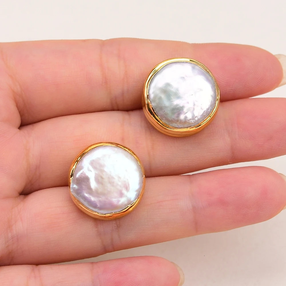 G-G Natural Culture White Coin Pearl Big Casey Pearl Stud Earrings Gold Plated Classic Earrings Wedding Jewelry Gifts 250109