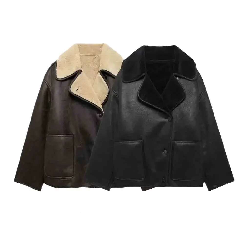 Plush Faux Leather Jackets For Women Wool Blends Thick Winter Office Single Breasted Turn-Down Collar Coat Chic Pocket Outerwear
