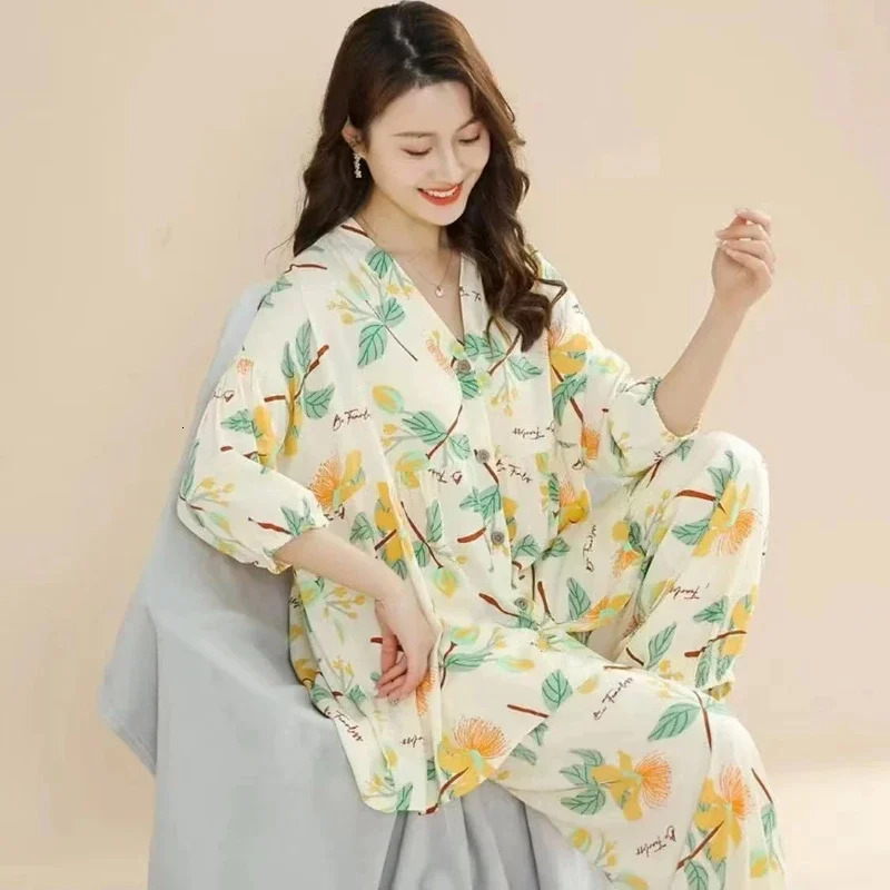 Pajama Pants Set Long Sleeve Womens Clothing Spring Autumn Button Cardigan Comfortable Casual Fashionable Breathable 250106