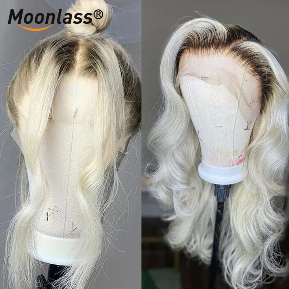 Moonlass Christmas Platinum Blonde With Dark Roots Body Wave 100% Real Human Hair 210% Density Pre Cut Ready To Wear Wig