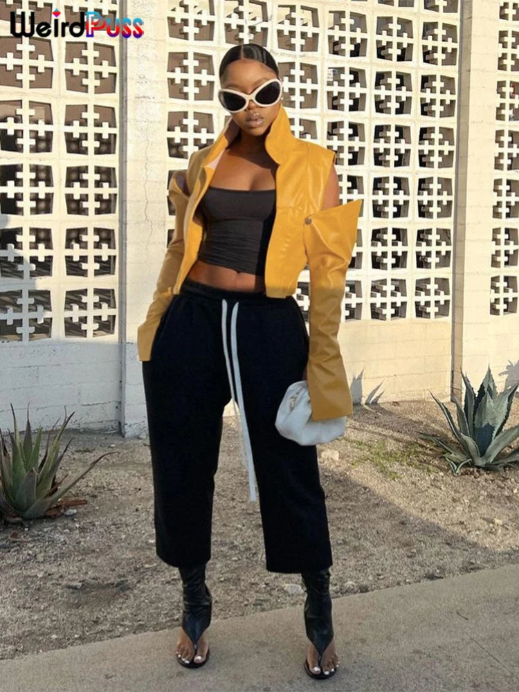 Weird Puss PU Hipster Crop Jacket Women Hollow Long Sleeve Cardigan Autumn Wild Basic Streetwear Patchwork Stripe Y2K Trend Coat 250109