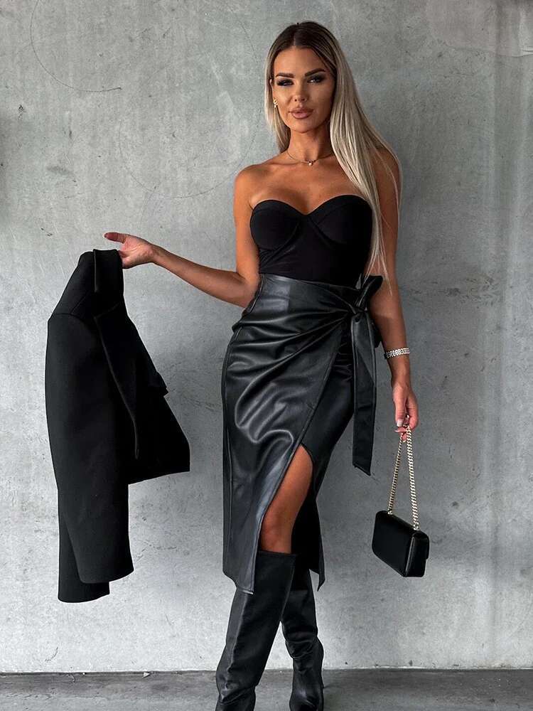 2024 Autumn Winter Sexy Midi Leather Skirts Solid Black High Waist Office Pencil Slit Women Bodycon Lace Up Skirt