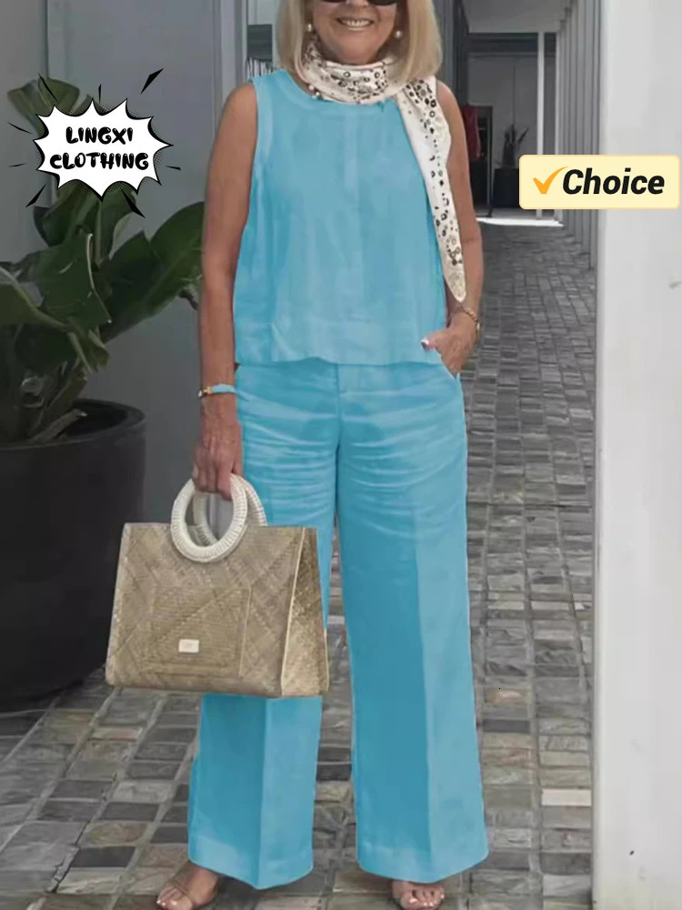 Summer Fashion Womens Matching Collection Round Neck Sleeveless Top High Waist Wide Leg Pants Casual Two Piece Set 250106