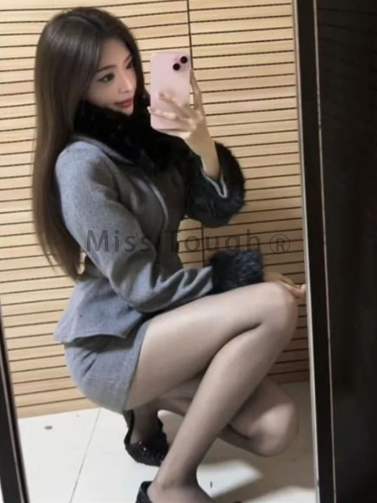 Winter Woolen Coat Collegiate Suit Woman Button Elegant Warm High Waist Retro Skirt Female Korea Style Chic Two Piece Set 250106