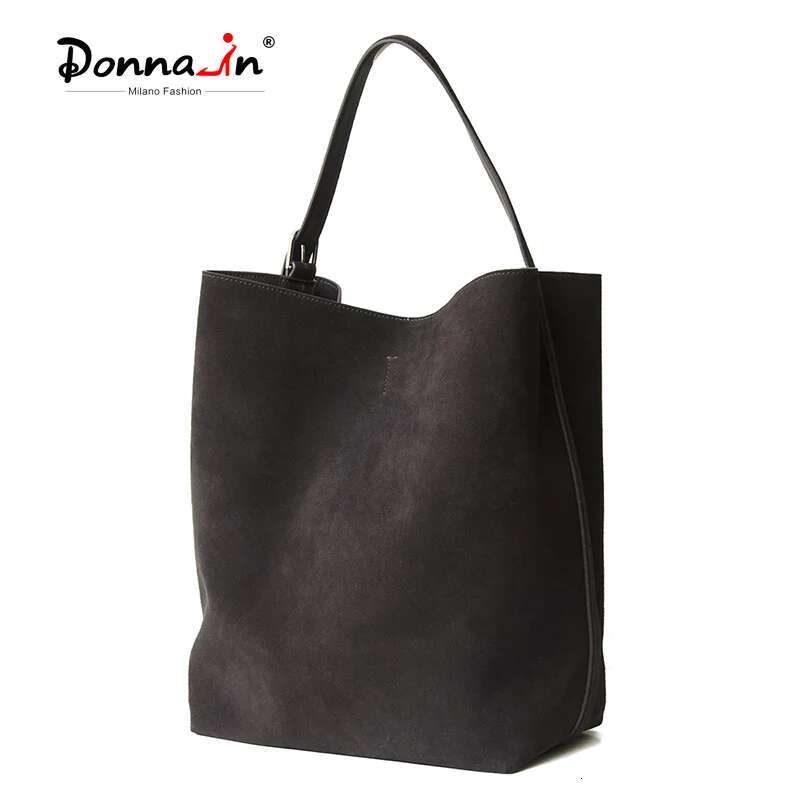 Donna-In Natural Suede Casual Tote Plus Size Genuine Cowhide Bucket Bag With Adjustable Shoulder Strap