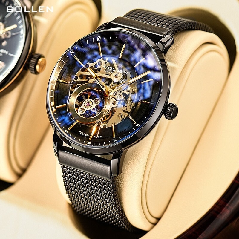 Solen Men's Automatic Skeleton Mechanical Watch with Full Steel Mesh Strap