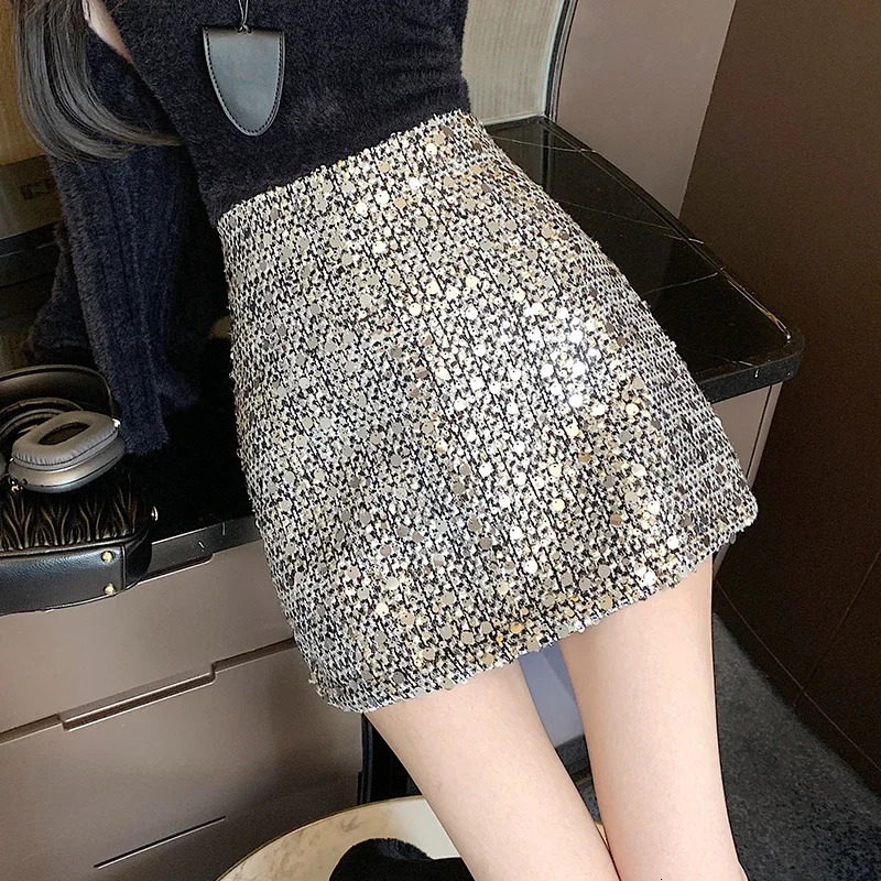 Hepburn Style Aline Skirt Women Sexy Mini High Waist Slim Heavy Sequin Wool Female Korean Allmatch Super Fashion 250106
