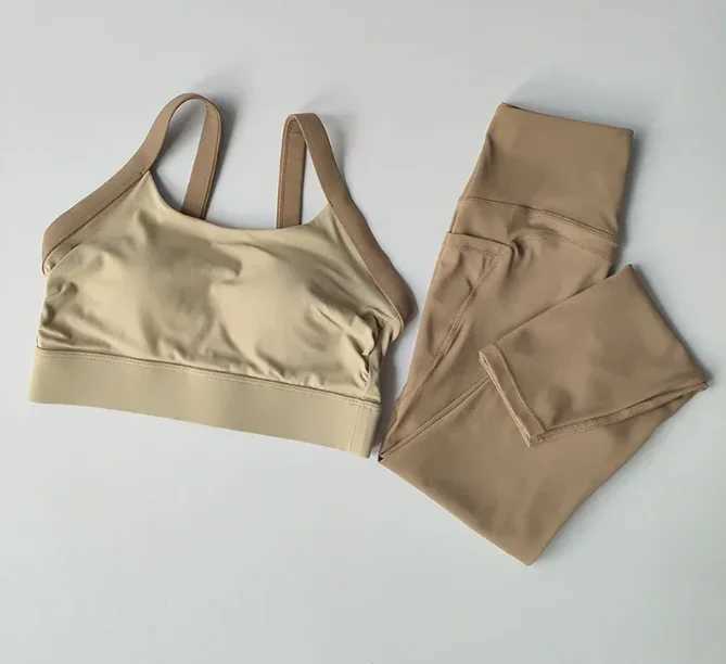 High Intensity Color Blocking Cross Back Integrated Yoga Set 2PCS Sports Underwear High Waist and Hip Lifting Fitness LeggingsXJ250109