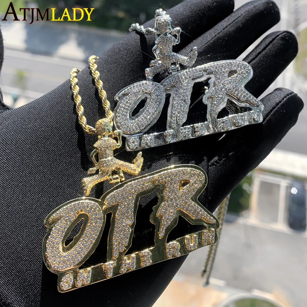 OTR Letters Pendant Necklace Iced Out Bling CZ Stones Men Charms Fashion Jewelry 250109