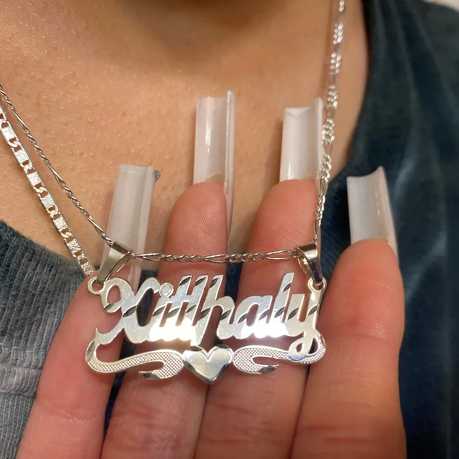 Zciti Custom Nameplate Cursive Necklace Diamond cut Finish Underlining Middle Heart Name Jewelry Gift For Women 250109