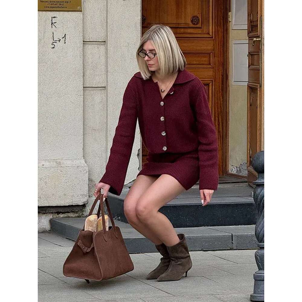 Women's Wear 2 Pieces Lapel Long Sleeve Single Breasted Cardigan Short Skirt Suit Elegant Solid Knitted Sets For Women Lady Slim Fall Suits