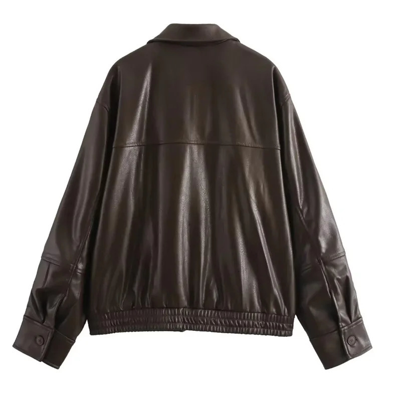 TRAF Womens Jackets Cropped Faux Leather Jacket Women Autumn Long Sleeve Black Bomber Fashion DemiSeason 250103