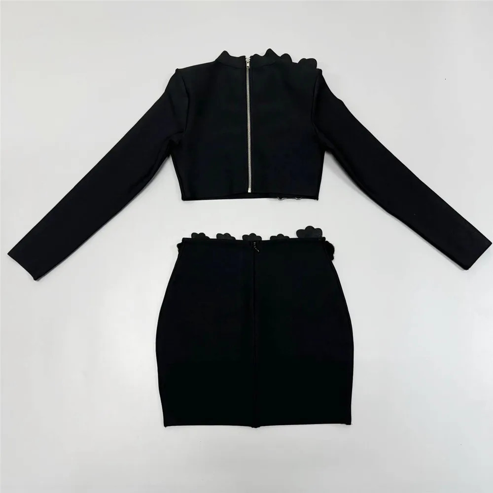 Autumn Women Bandage Sets Sexy Beading Long Sleeve Tops Mini Skirt Club Party Outwear Two Pieces 250106