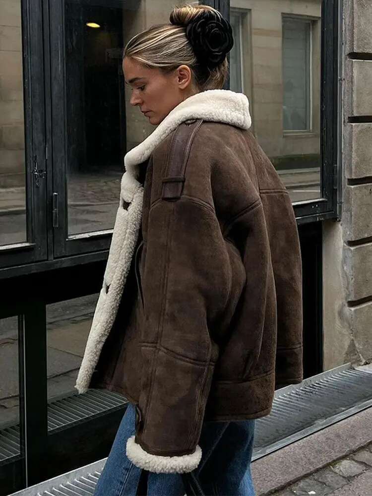 Retro Brown Faux Leather Warm Thick Fluffy Coats Fashion Long Sleeve Laple Single Button Jacket 2024 New Winter Lady Outerwear