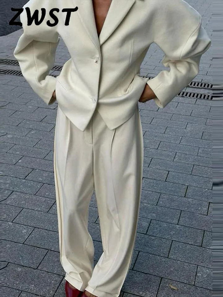 Elegant White Coat Pants Set Women Autumn Winter Turndown Collar Singlebreasted Coats Wide Leg Pant Two Piece Womens 250106