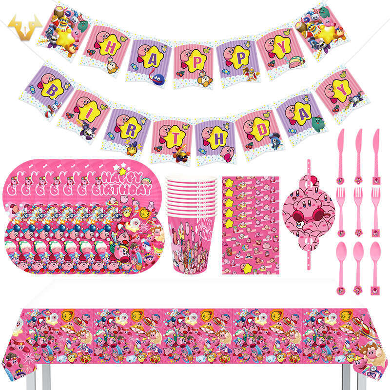 New Star Kirby Theme Party Set Cups, Paper Plates, Tissue Tablecloths, Banners, Decorative Supplies