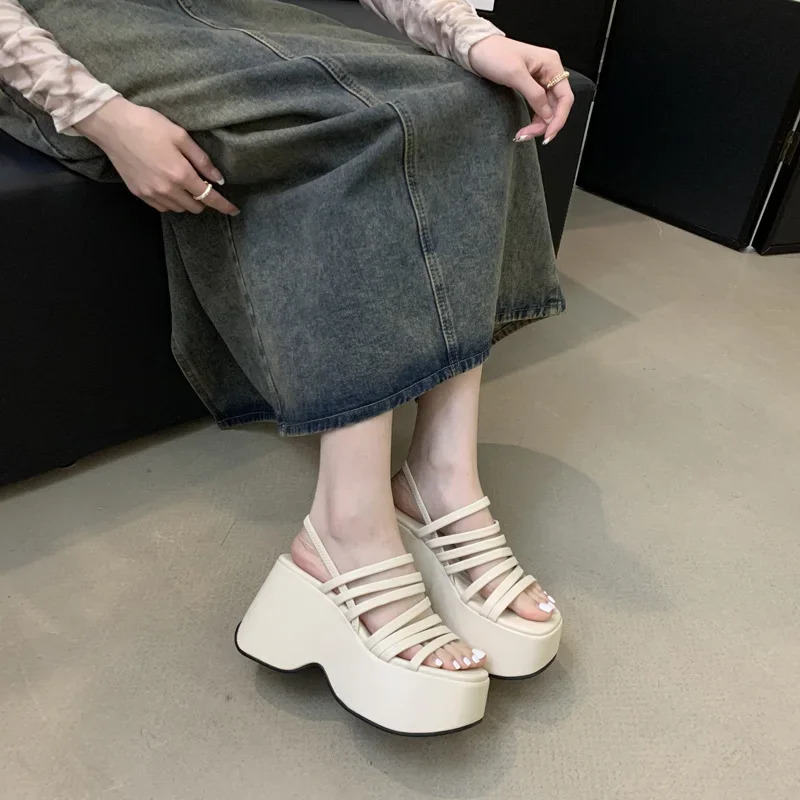 Silver Wedge Sandals Women Platform Shoes Black Belt High Heels Gladiator Chunky Heeled Summer Wedges Zapatos De Mujer 250109