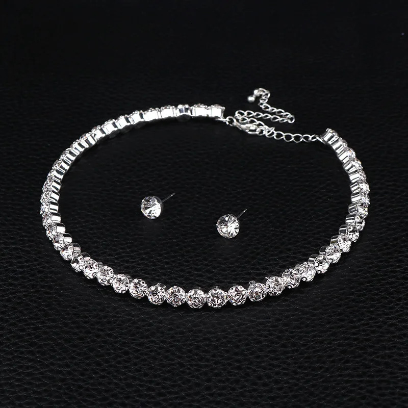 Round Crystal Jewelry Set for Women Charm Silver Color Bracelet Stud Earring Zircon Chain Necklace Wedding Party 250103