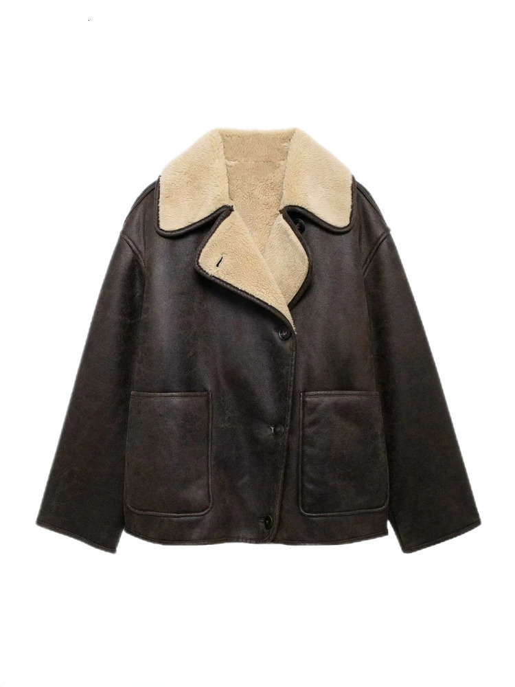 ZBZA Women Retro Faux Leather Jacket Solid Lapel Long Sleeve Single Breasted Pockets Padded Warm Outwear Fall Winter Chic Coat 250103